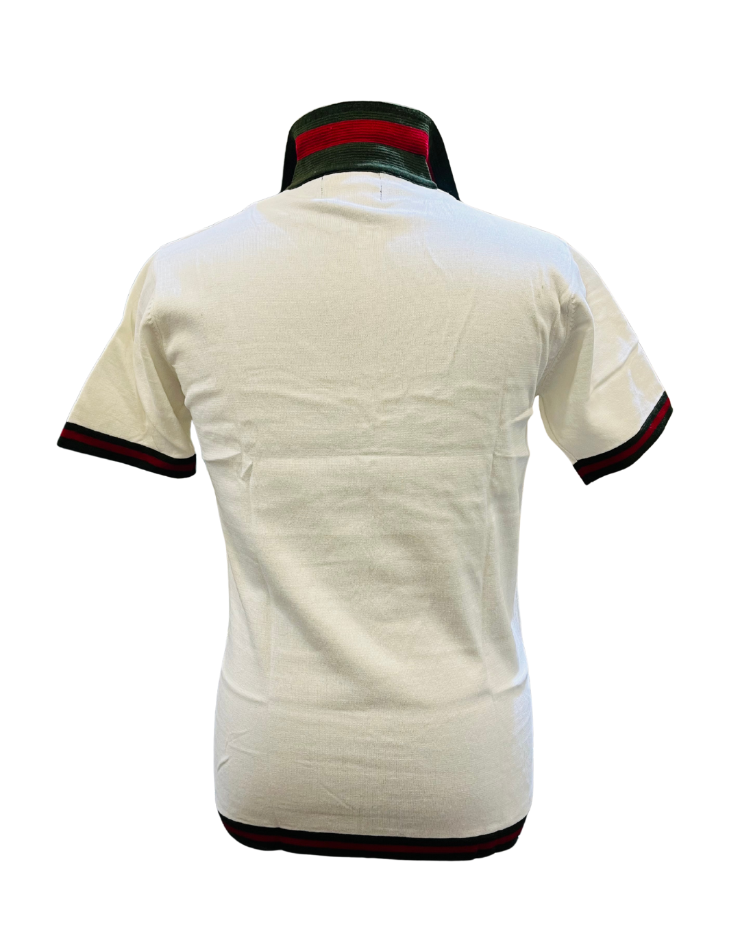 Men's White Textured Knit Polo T-Shirt | Half Sleeve with Maroon Graphic & Green-Red Trim Design