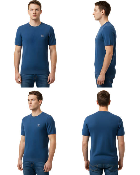 Men's Blue Textured Knit T-Shirt | Half Sleeve with Embroidered Logo Design