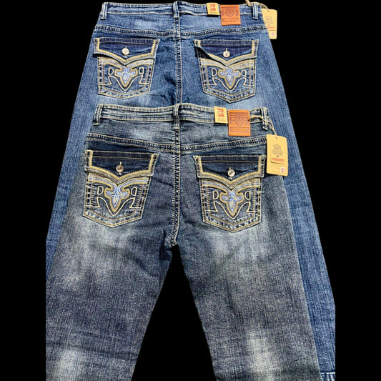 Rock Revival Men’s Slim Fit Jeans – Blue Wash (Front & Back Embroidered Pockets)