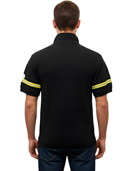 Men's Black Textured Knit Polo T-Shirt | Half Sleeve with Bold Front & Sleeve Graphic Design