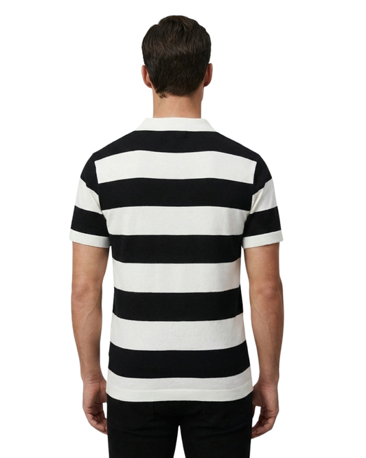 Men's Black & White Striped Knit Polo T-Shirt | Half Sleeve with Bold Front Graphic Design