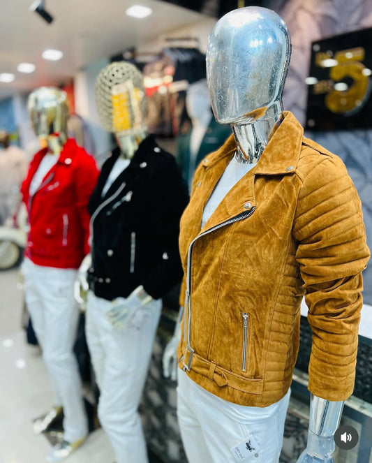 Men’s Suede Biker Jacket with White Jeans – Premium Streetwear Collection