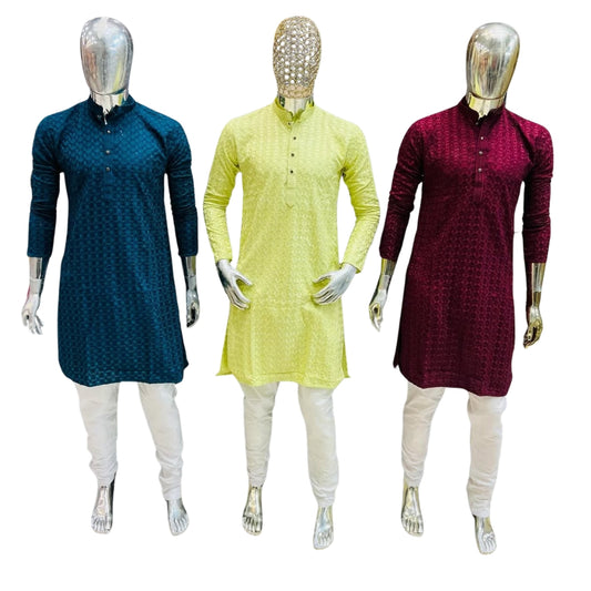 Men’s Embroidered Kurta with White Churidar – Festive Collection