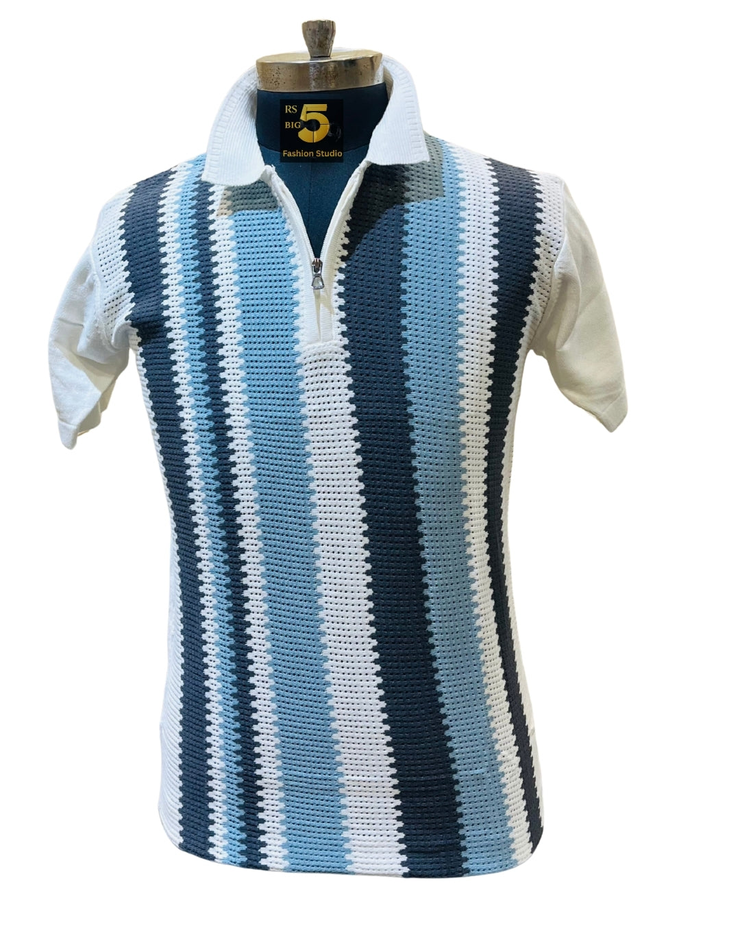 Men's Crochet Striped Polo T-Shirt - Blue & White Half Sleeve Knit