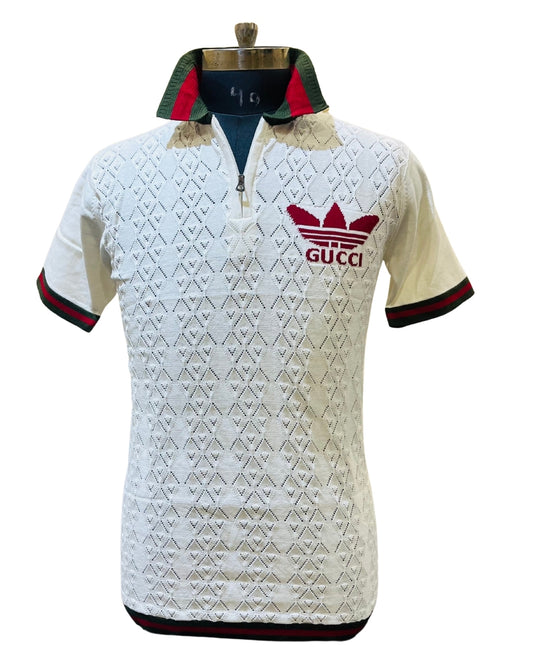 Men’s White Crochet Knit Polo T-Shirt – Half Sleeve Turkish Style with Red & Green Stripes