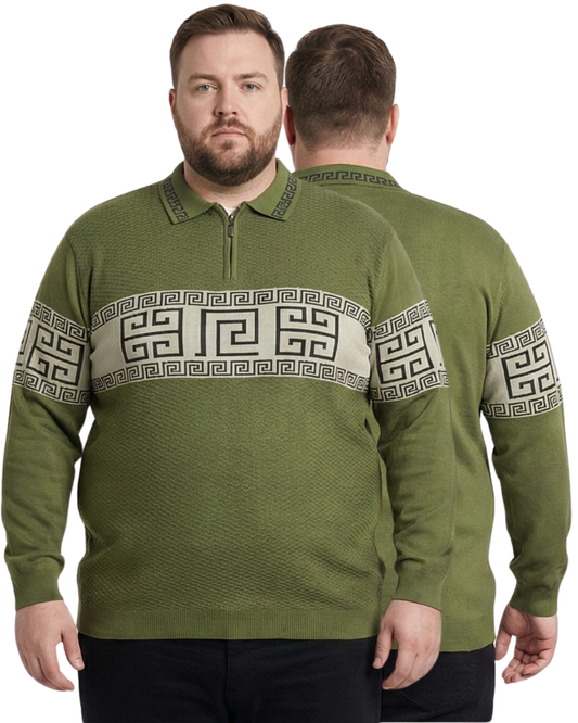 Men’s Olive Textured Zip Polo Sweatshirt (3XL–6XL)