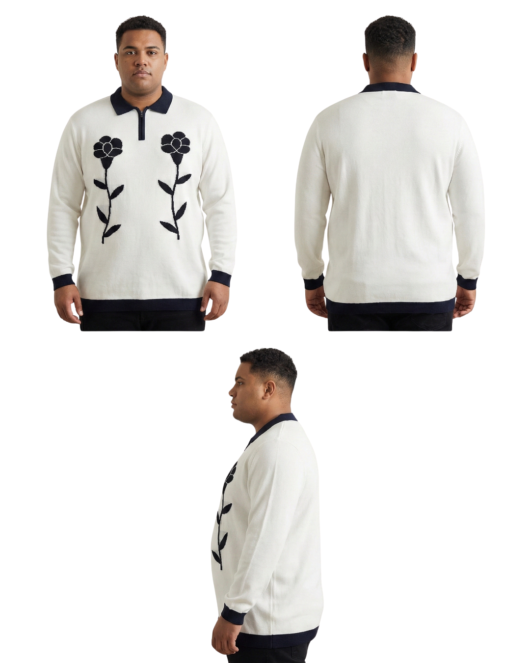 Men’s Premium Knit Polo Sweatshirt | Floral Jacquard Design | Luxury Winter Wear (3XL–6XL)