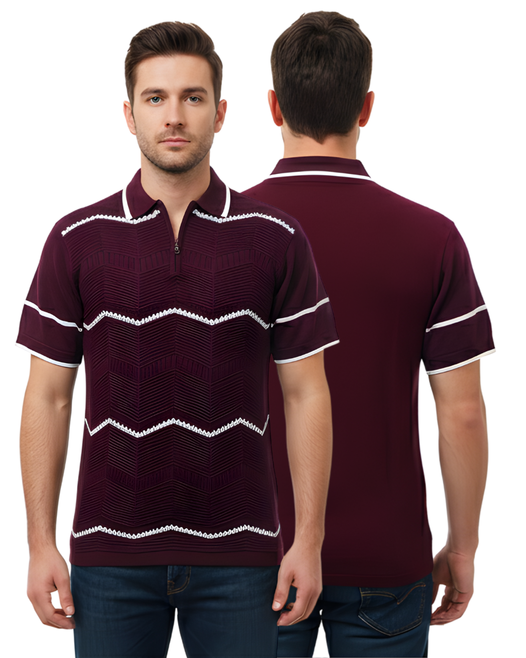Men's Maroon Textured Knit Polo T-Shirt | Half Sleeve with White Chevron Stripe Design