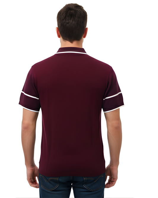 Men's Maroon Textured Knit Polo T-Shirt | Half Sleeve with White Chevron Stripe Design