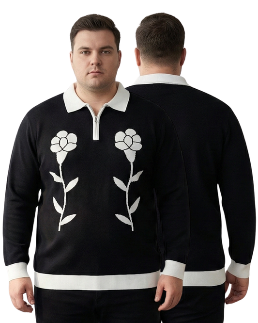 Men’s Premium Knit Polo Sweatshirt | Floral Jacquard Design | Luxury Winter Wear (3XL–6XL)