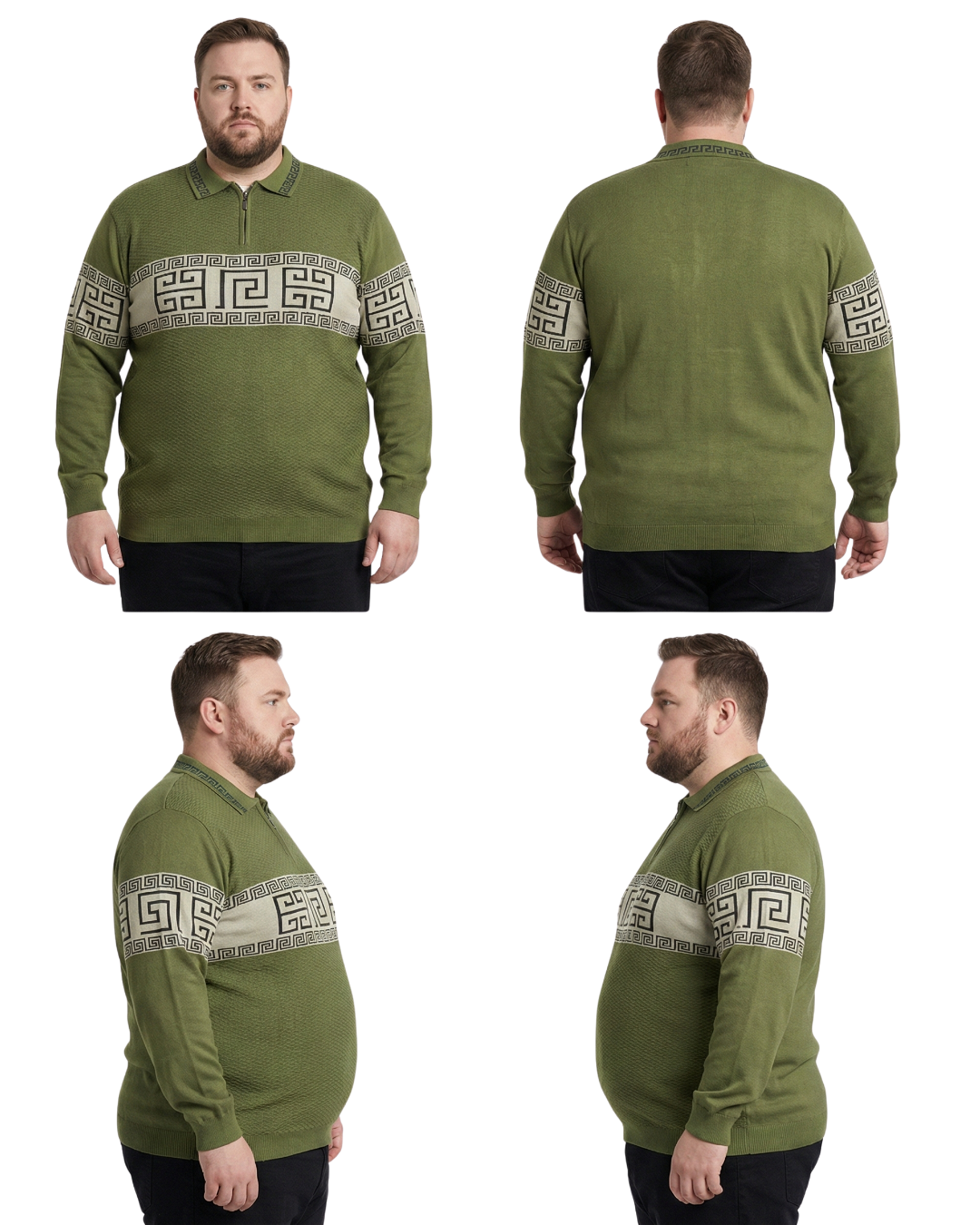 Men’s Olive Textured Zip Polo Sweatshirt (3XL–6XL)