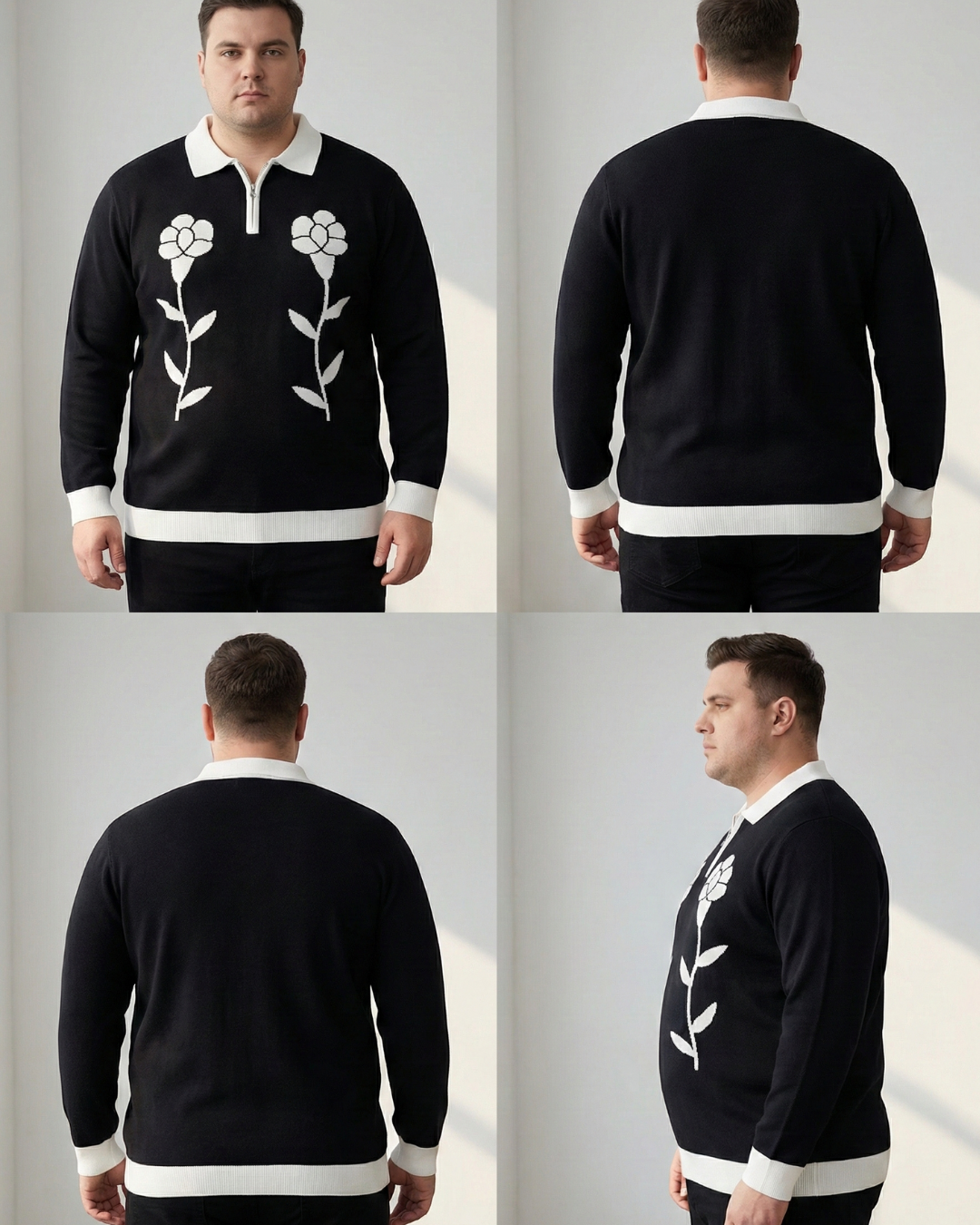 Men’s Premium Knit Polo Sweatshirt | Floral Jacquard Design | Luxury Winter Wear (3XL–6XL)