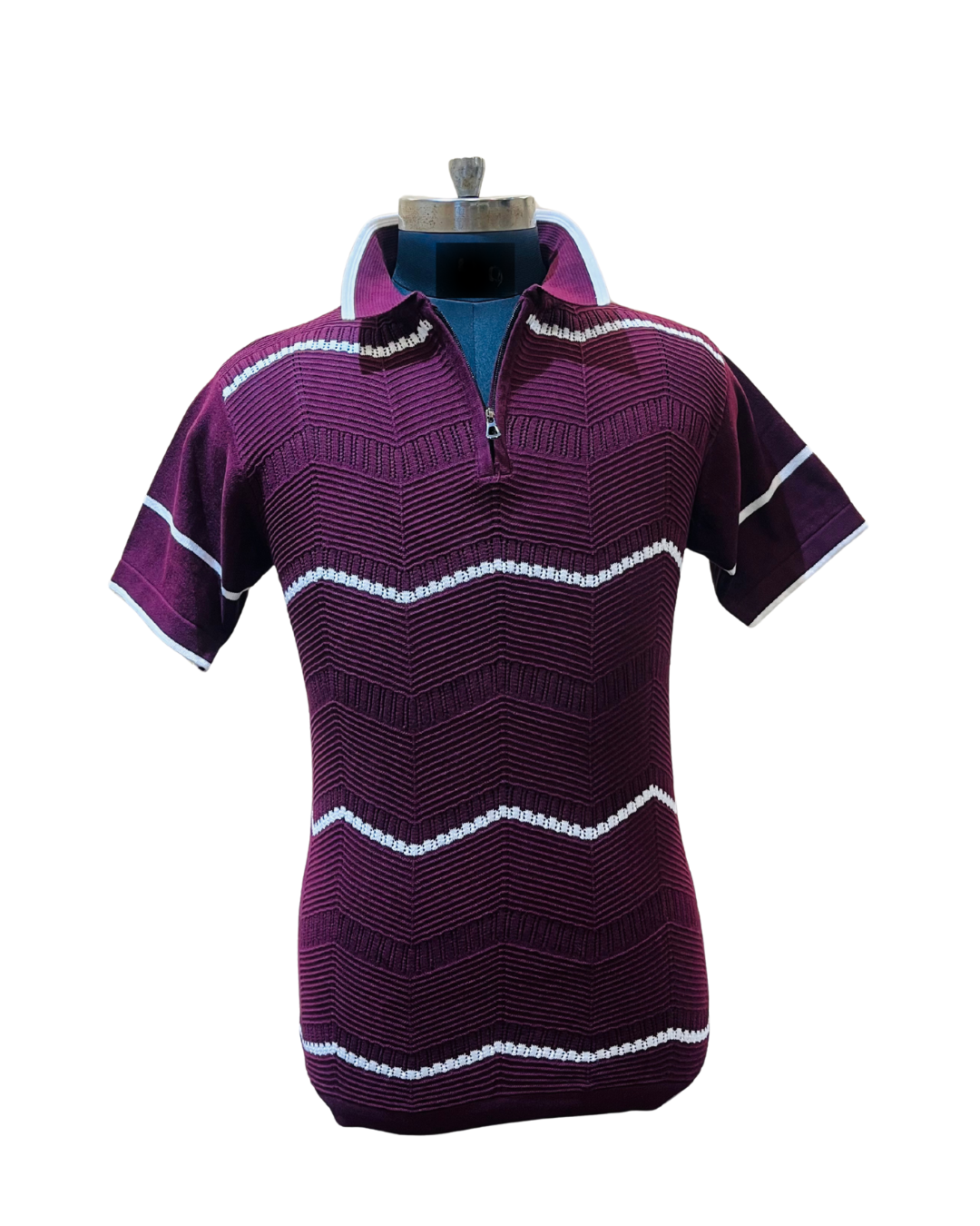 Men's Maroon Textured Knit Polo T-Shirt | Half Sleeve with White Chevron Stripe Design
