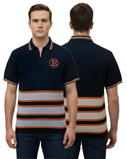 Men's Navy & Grey Textured Knit Polo T-Shirt | Half Sleeve with Orange Stripe Detailing