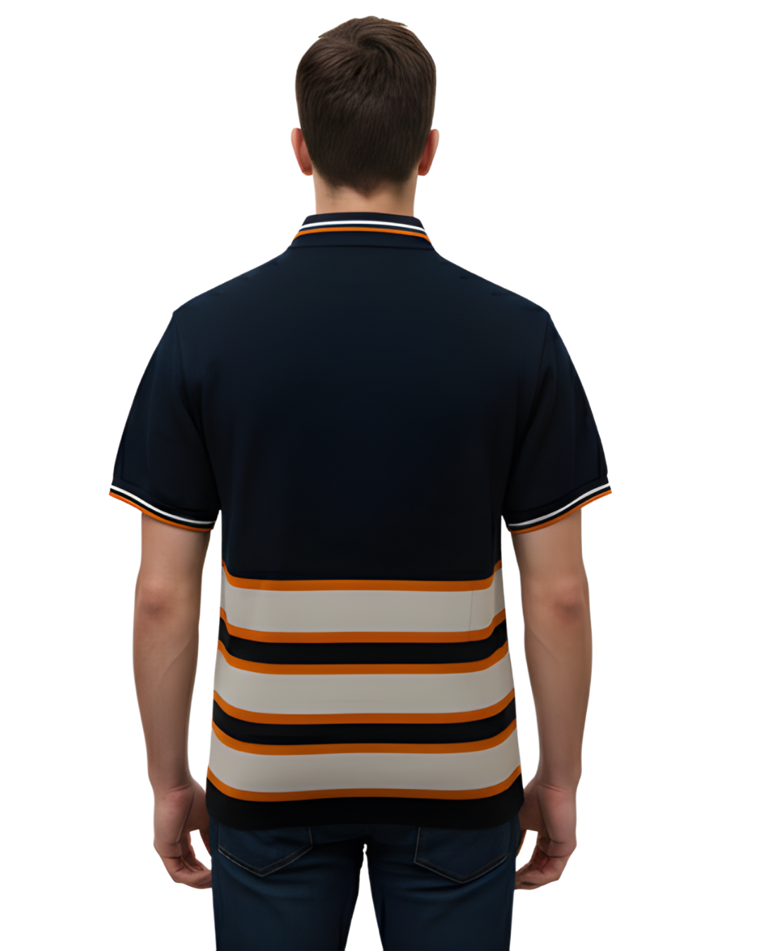 Men's Navy & Grey Textured Knit Polo T-Shirt | Half Sleeve with Orange Stripe Detailing