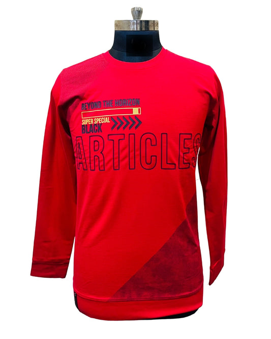 Stylish Red Men’s Full Sleeve T-Shirt | Article Print & Sporty Elements