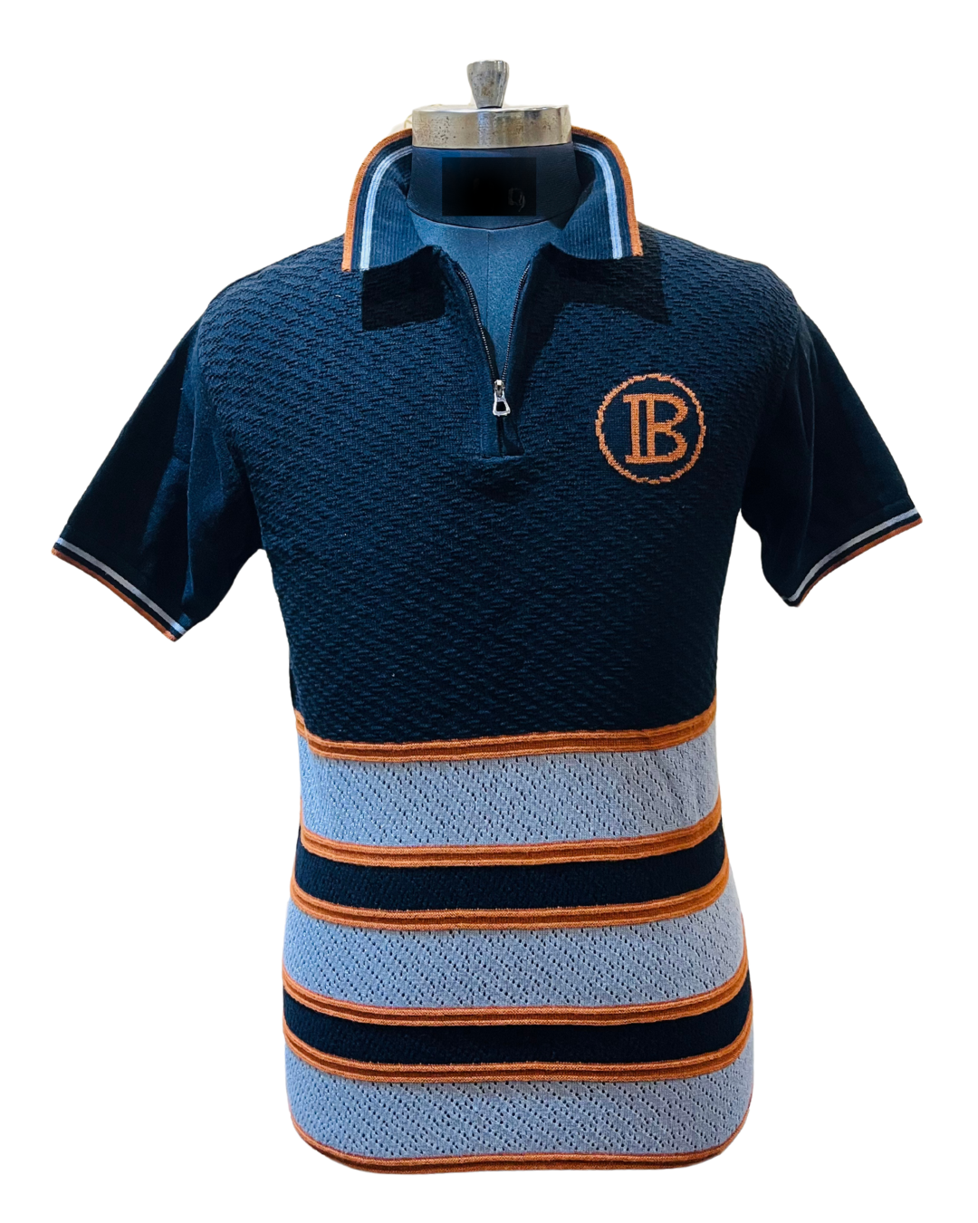 Men's Navy & Grey Textured Knit Polo T-Shirt | Half Sleeve with Orange Stripe Detailing