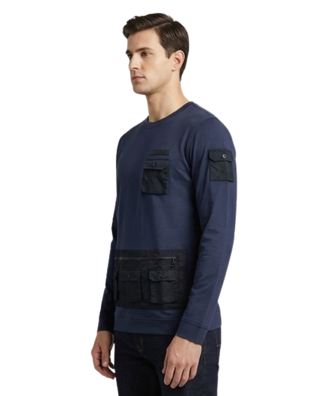 Men's Navy Utility Pocket Sweatshirt | Full Sleeve with Multi-Pocket Cargo Design