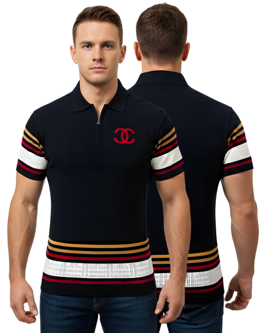 Men's Navy Textured Knit Polo T-Shirt | Half Sleeve with Multicolor Stripe Sleeves & Front Emblem Design
