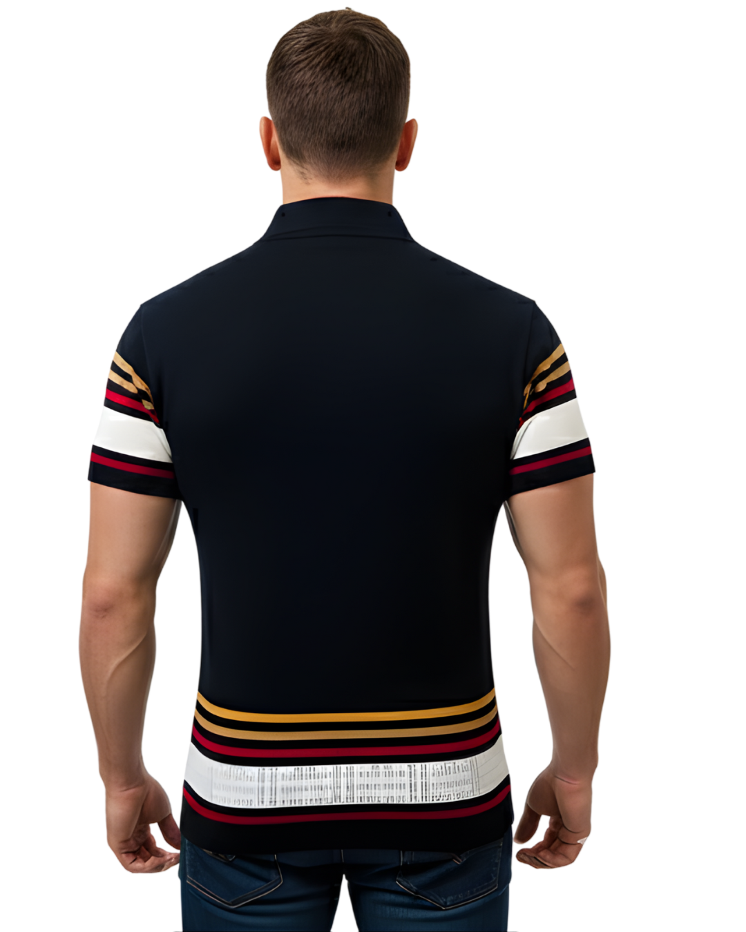 Men's Navy Textured Knit Polo T-Shirt | Half Sleeve with Multicolor Stripe Sleeves & Front Emblem Design
