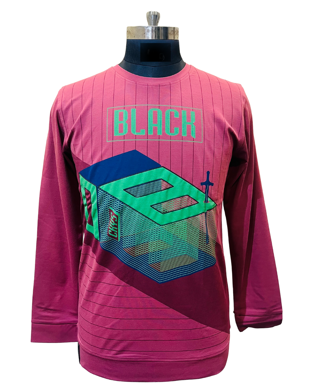 Men's Maroon 3D Graphic Sweatshirt | Full Sleeve with Bold Geometric & “BLACK” Print