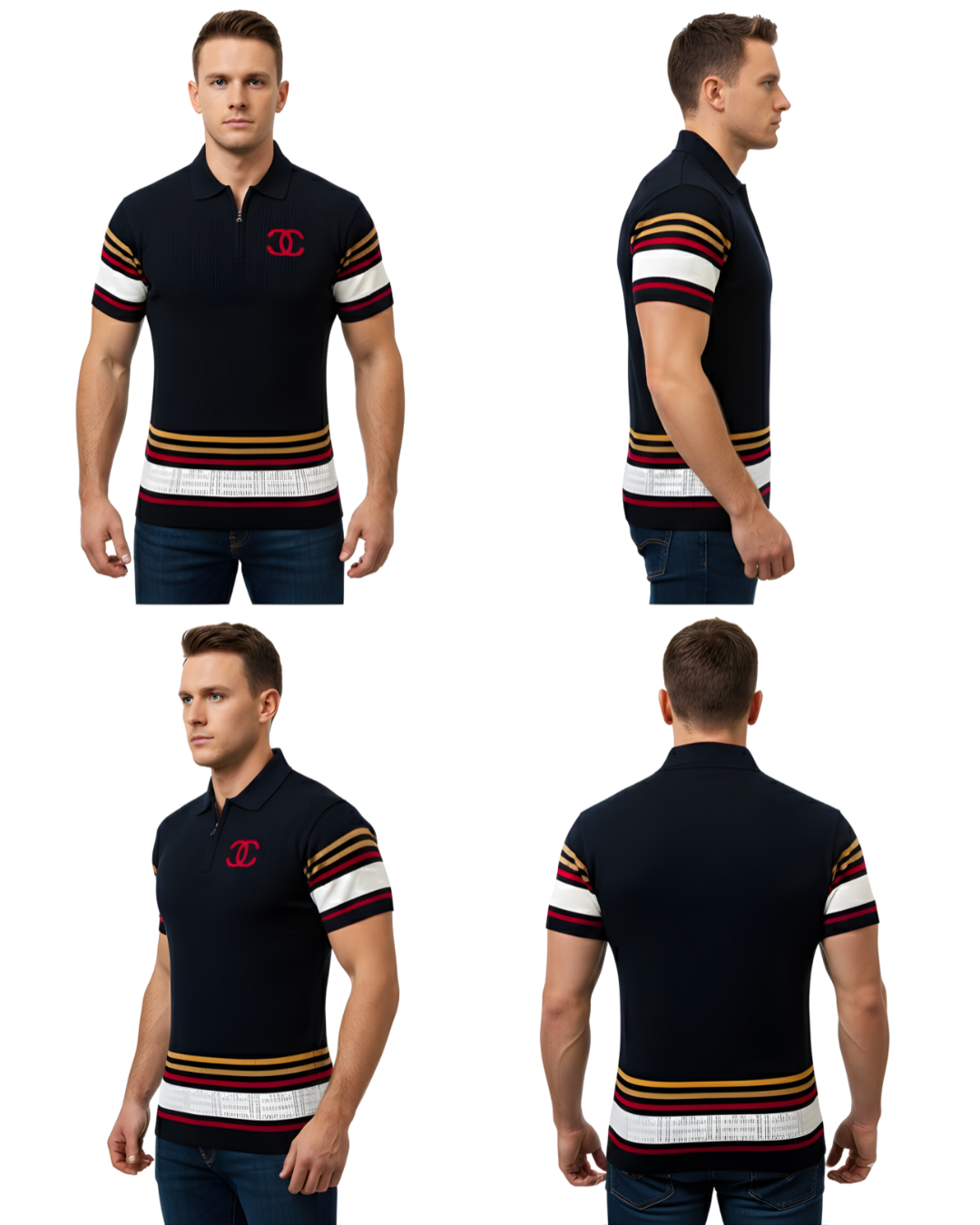 Men's Navy Textured Knit Polo T-Shirt | Half Sleeve with Multicolor Stripe Sleeves & Front Emblem Design