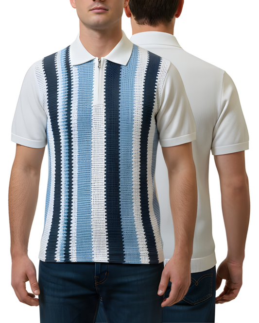 Men's Turkish Knit Blue Striped Zip Polo T-Shirt | Half Sleeve Premium Crochet-Style Design