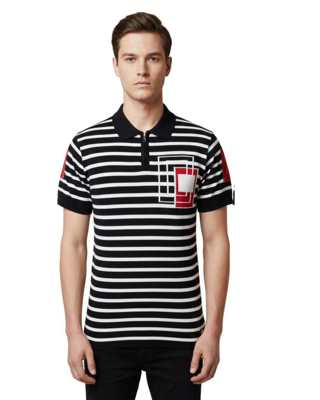 Men's Navy & White Striped Zip Polo T-Shirt | Half Sleeve with Red Patch Detailing