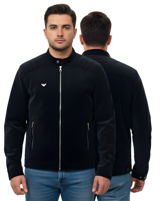 Men’s Black Moto-Style Jacket | Premium Fabric with Quilted Shoulders & Metallic Zip Details