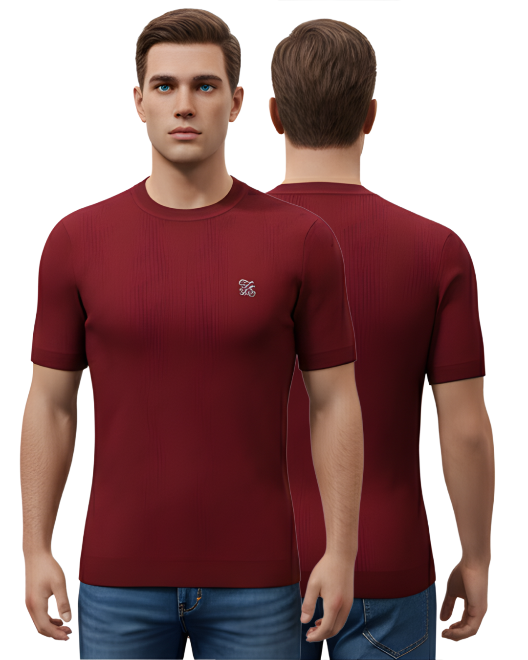 Men's Maroon Premium Textured Knit T-Shirt | Half Sleeve Minimal Embroidered Logo Tee