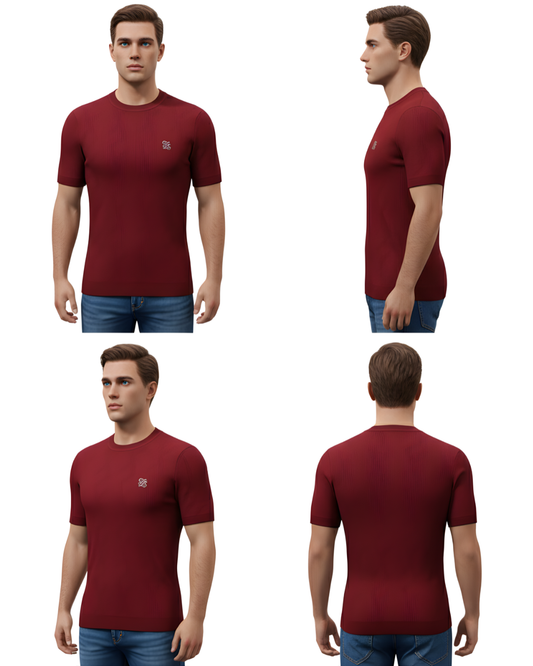 Men's Maroon Premium Textured Knit T-Shirt | Half Sleeve Minimal Embroidered Logo Tee