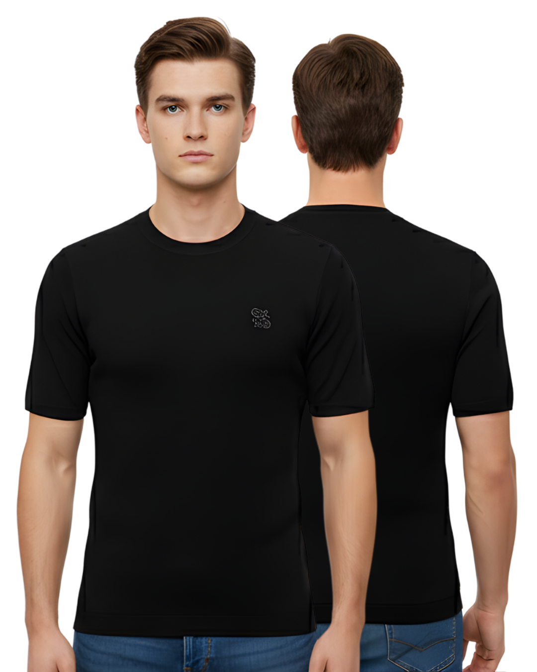 Men's Black Premium Textured Knit T-Shirt | Half Sleeve with Minimal Chest Logo