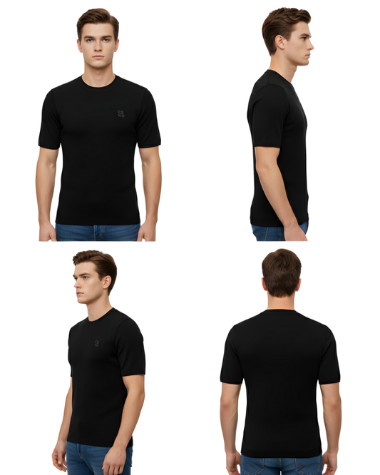 Men's Black Premium Textured Knit T-Shirt | Half Sleeve with Minimal Chest Logo