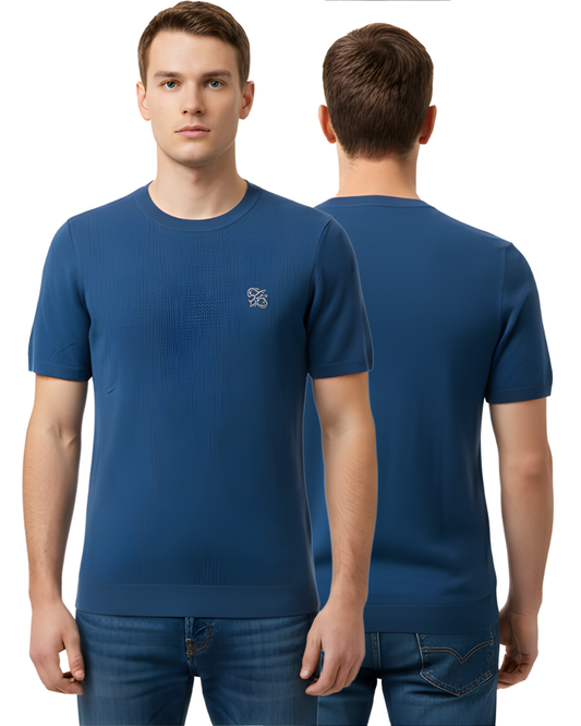 Men's Blue Textured Knit T-Shirt | Half Sleeve with Embroidered Logo Design