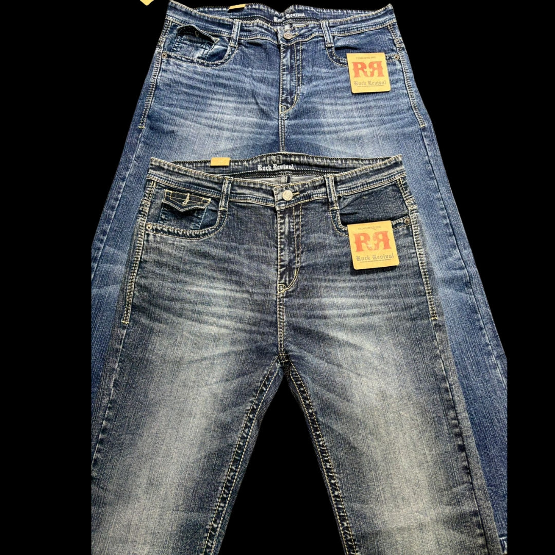 Rock Revival Men’s Slim Fit Jeans – Blue Wash (Front & Back Embroidered Pockets)