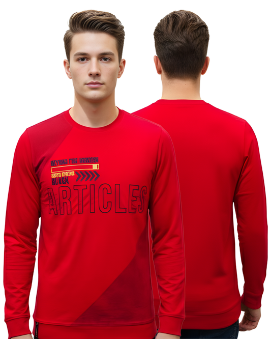 Men's Red Graphic Sweatshirt | Full Sleeve Urban Print Design with Bold “ARTICLES” Front