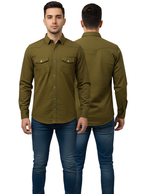 Men’s Premium Slim-Fit Cotton Shirt | Olive Green Solid | Full Sleeve Casual Wear
