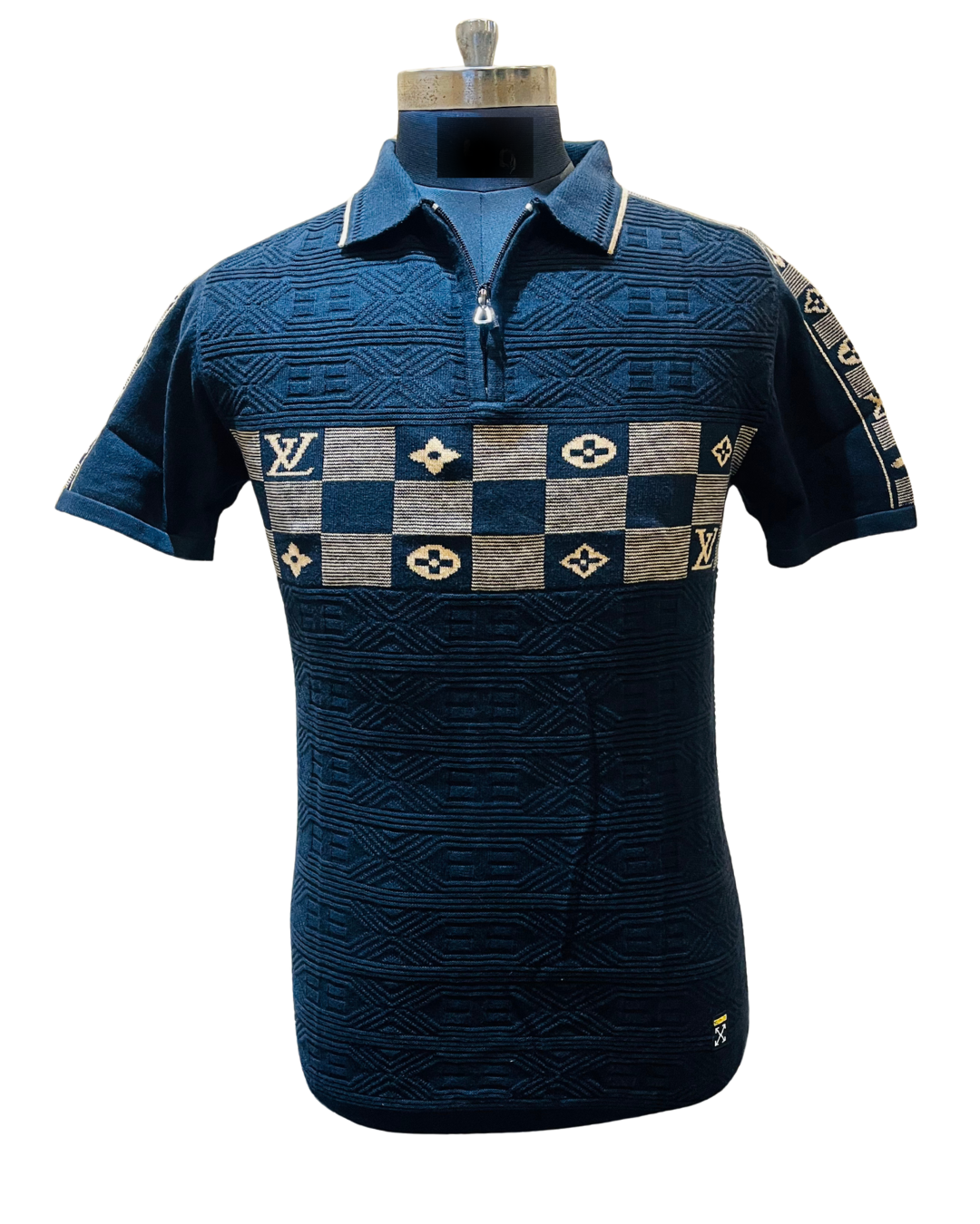 Men's Navy Textured Knit Polo T-Shirt | Half Sleeve with Beige Checkerboard & Sleeve Panel Design