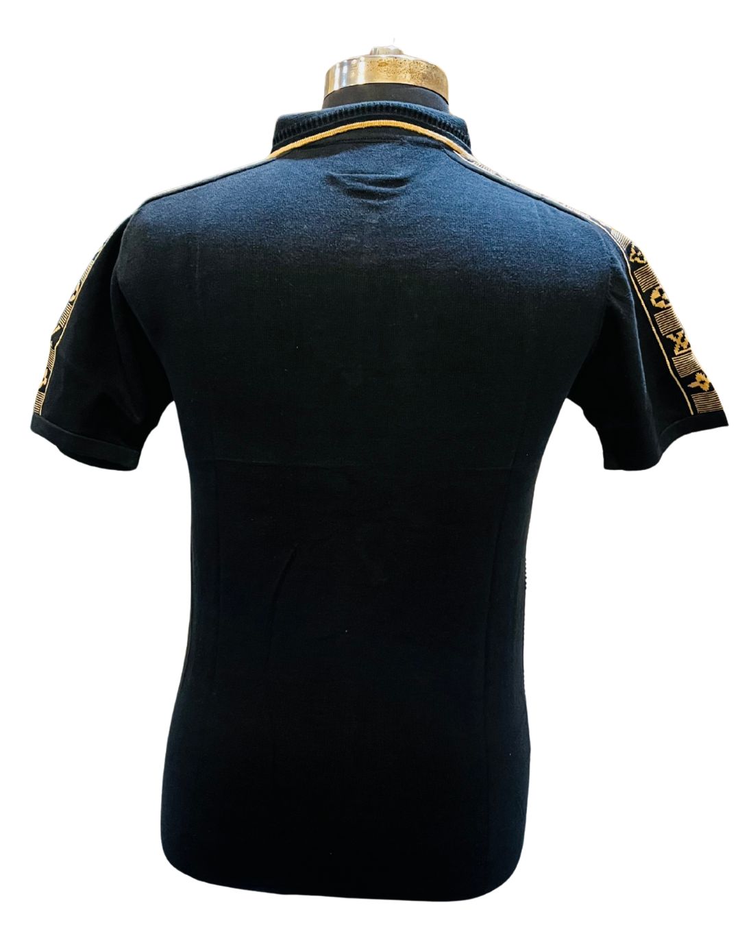 Men's Navy Textured Knit Polo T-Shirt | Half Sleeve with Beige Checkerboard & Sleeve Panel Design