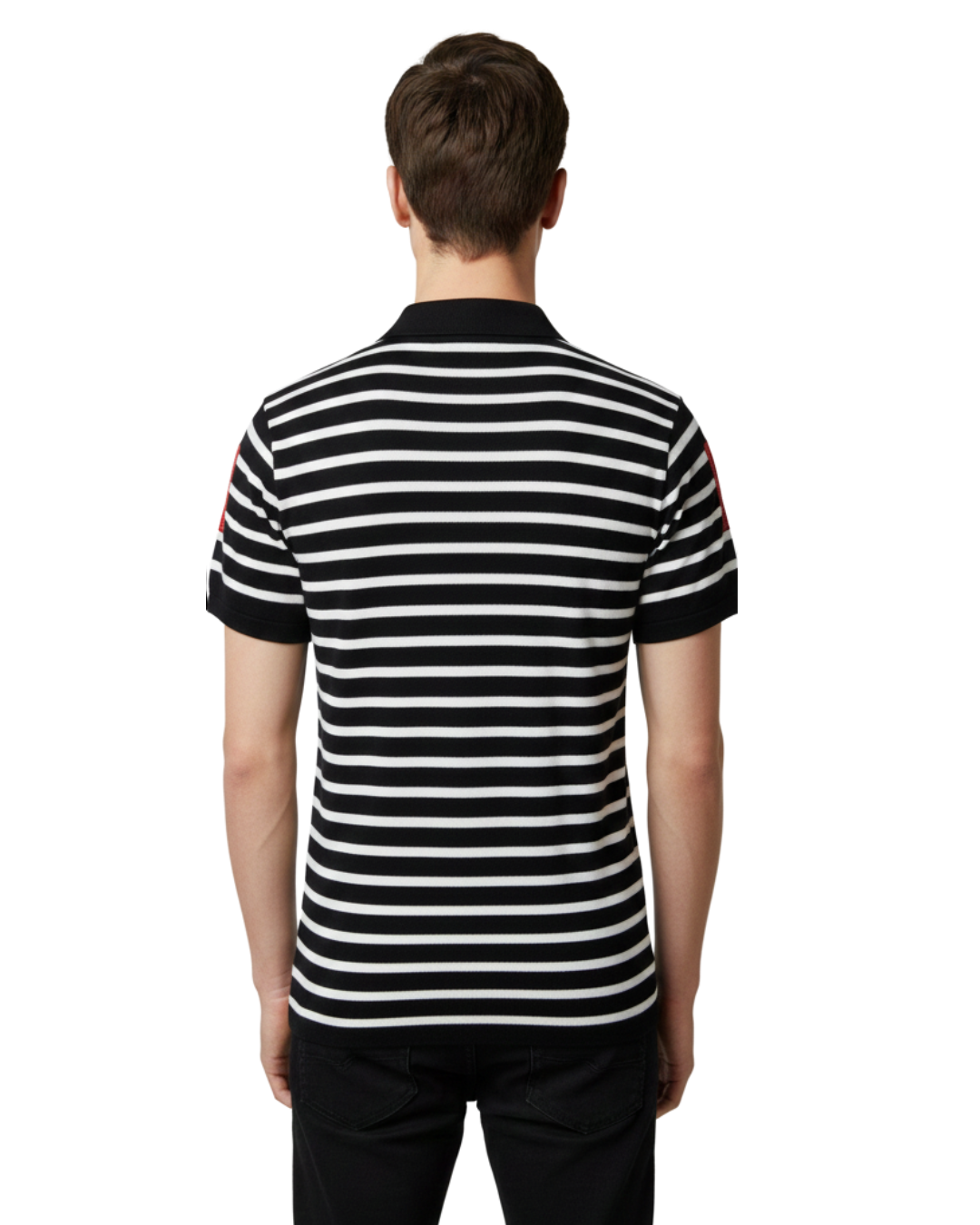 Men's Navy & White Striped Zip Polo T-Shirt | Half Sleeve with Red Patch Detailing