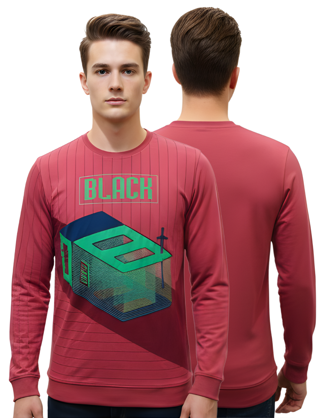 Men's Maroon 3D Graphic Sweatshirt | Full Sleeve with Bold Geometric & “BLACK” Print