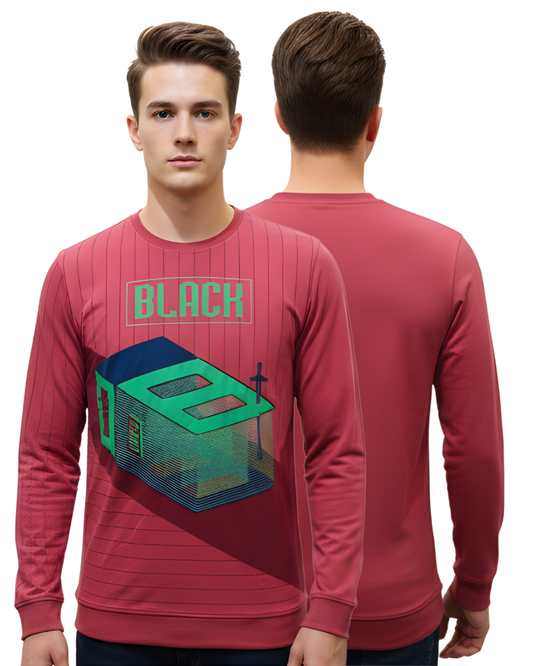 Men's Maroon 3D Graphic Sweatshirt | Full Sleeve with Bold Geometric & “BLACK” Print