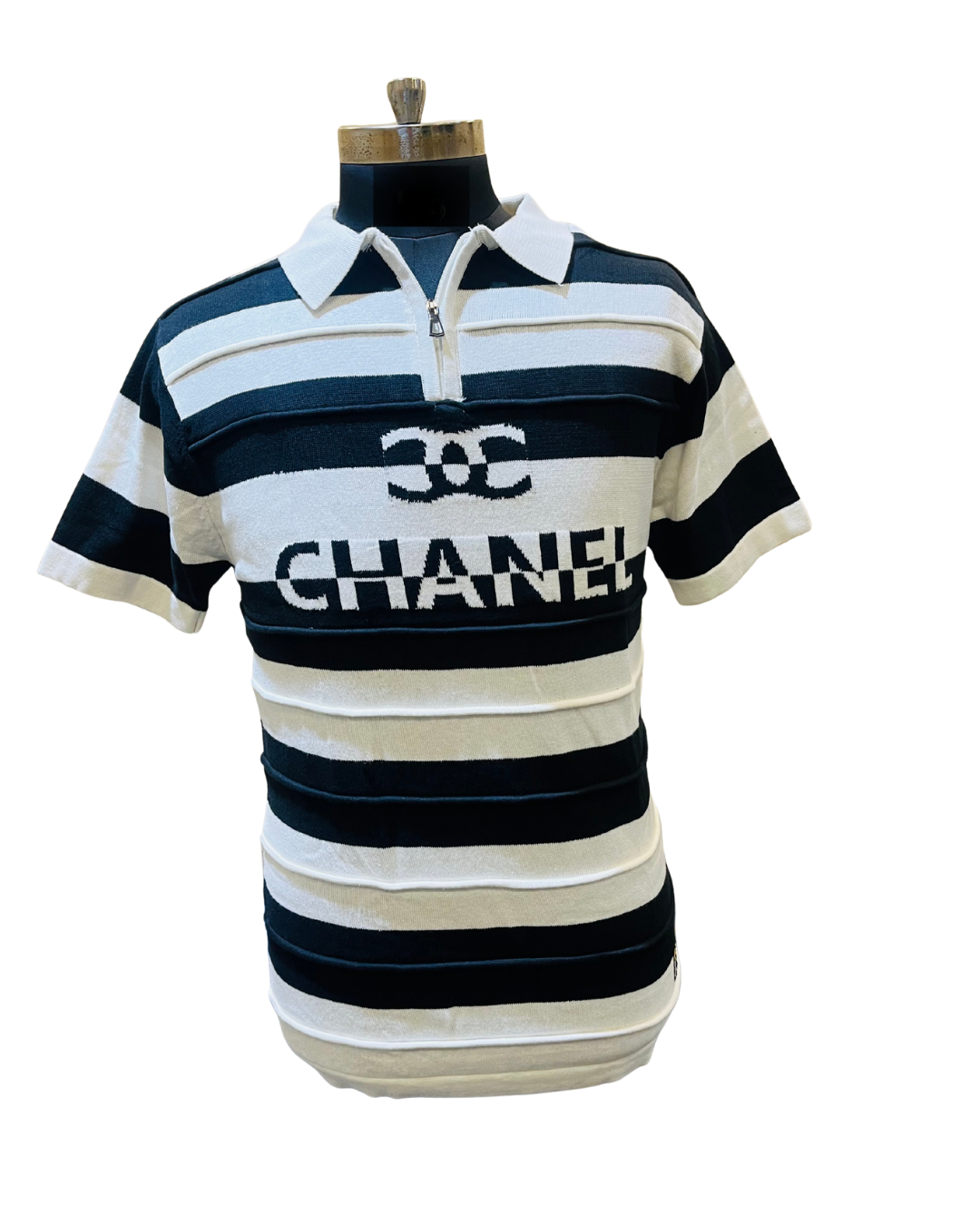 Men's Black & White Striped Knit Polo T-Shirt | Half Sleeve with Bold Front Graphic Design