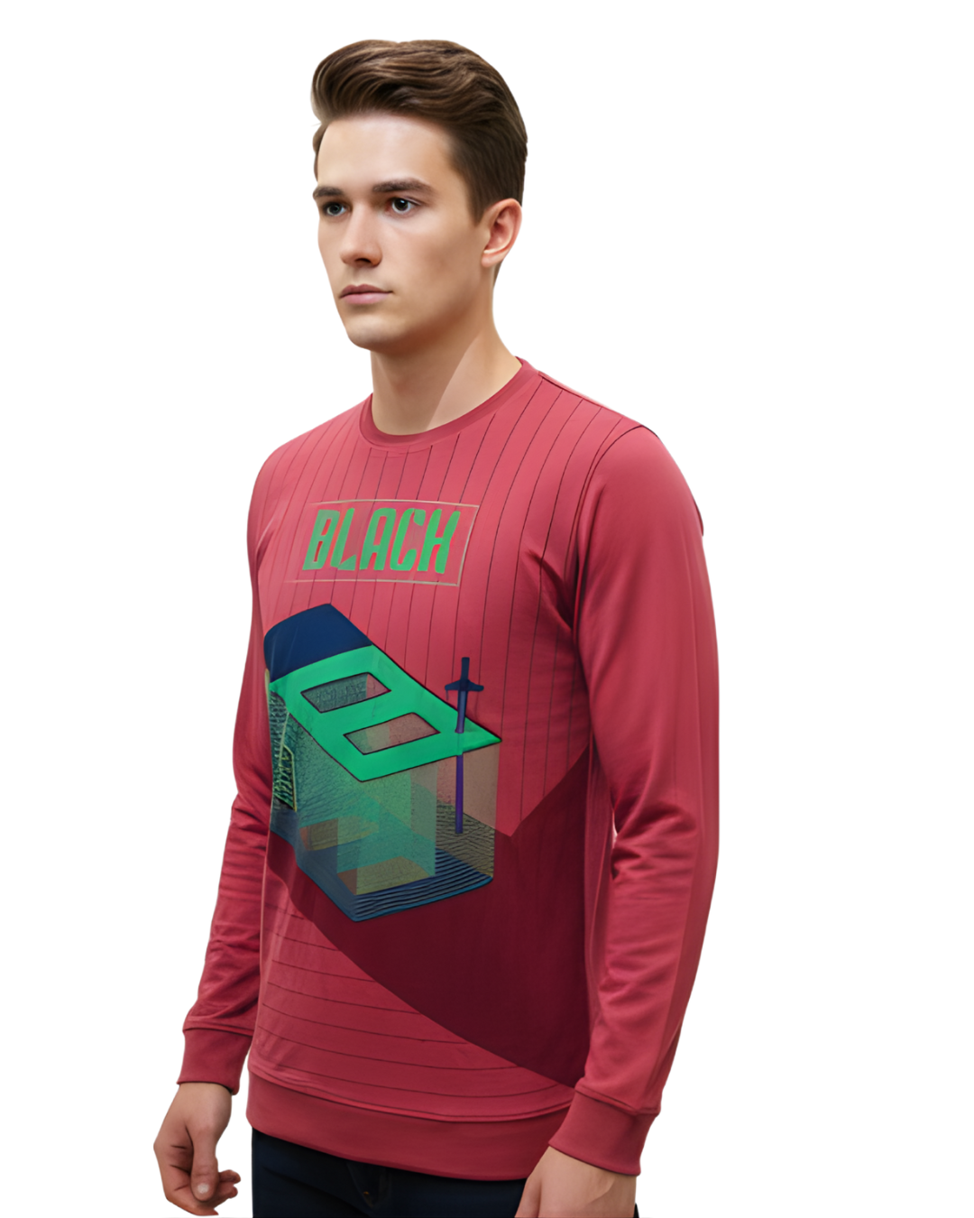 Men's Maroon 3D Graphic Sweatshirt | Full Sleeve with Bold Geometric & “BLACK” Print