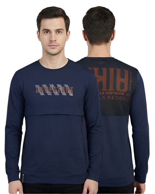 Men's Navy Adventure Print Sweatshirt | Full Sleeve Mesh-Back Active Wear Design