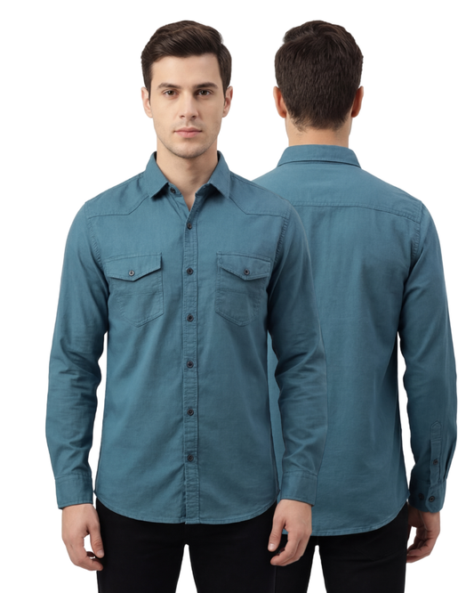 Men’s Premium Solid Casual Shirt | Teal Blue Full Sleeve | Slim-Fit Everyday Wear
