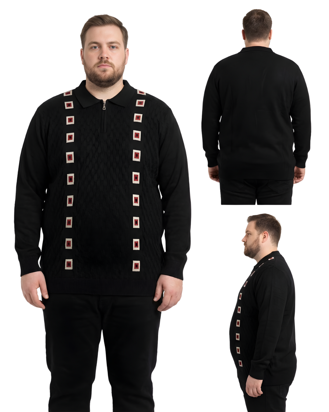 Men’s Black Textured Zip Polo Sweatshirt (3XL–6XL)