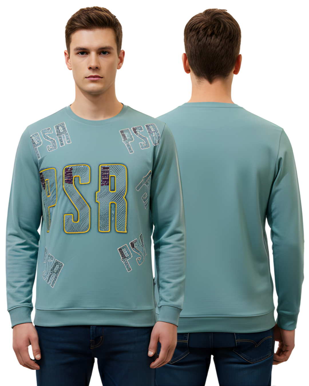 Men's Sky Blue Graphic Print Sweatshirt | Full Sleeve with Bold PSR Lettering