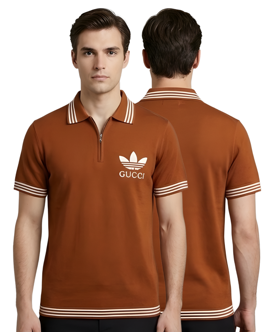 Men's Rust Textured Knit Polo T-Shirt | Half Sleeve with White Leaf Emblem & Striped Trim Design