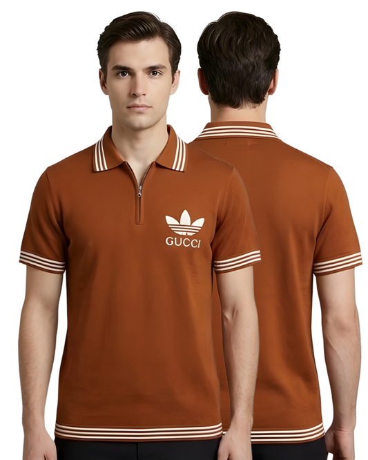 Men's Rust Textured Knit Polo T-Shirt | Half Sleeve with White Leaf Emblem & Striped Trim Design